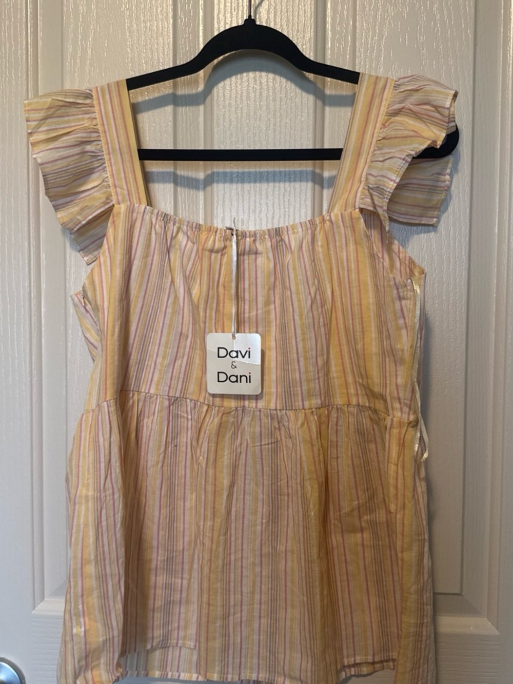 DAVI & DANI Pastel Yellow Multi-Stripe Ruffle Strap Women's Top 100% Cotton
